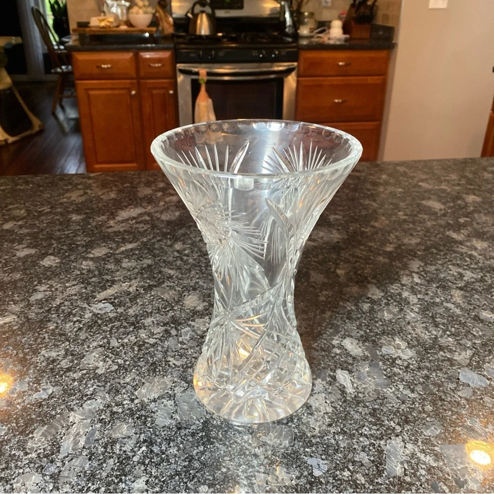 Vintage Heavy Glass Cut Crystal Bud Vase With Star Pattern 8”